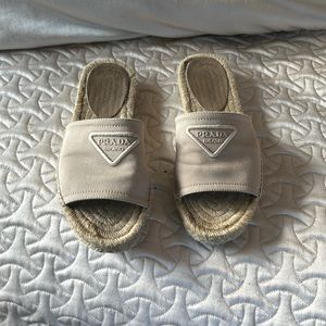 Prada Tan Canvas & Espadrille Slides